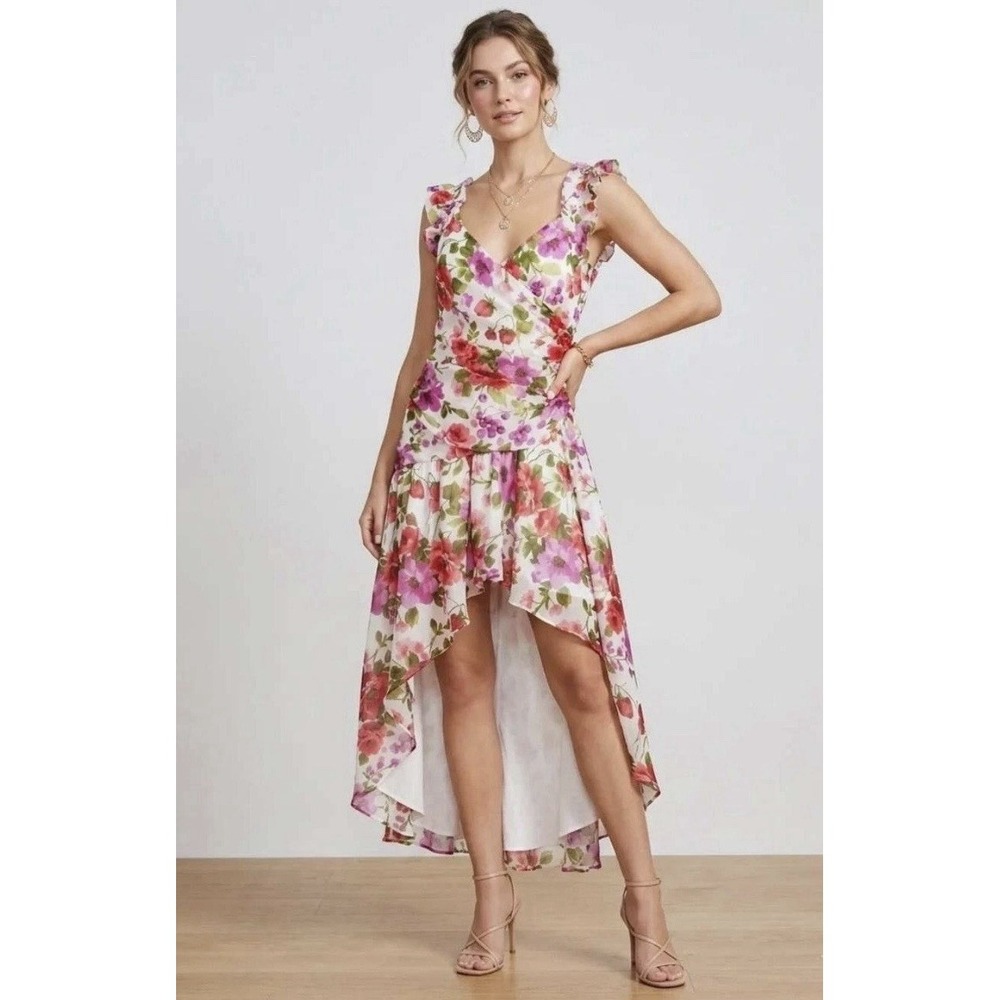 Abercrombie & Fitch Sz S Dress Floral Berry White Pink Hi-Low Ruffles Formal